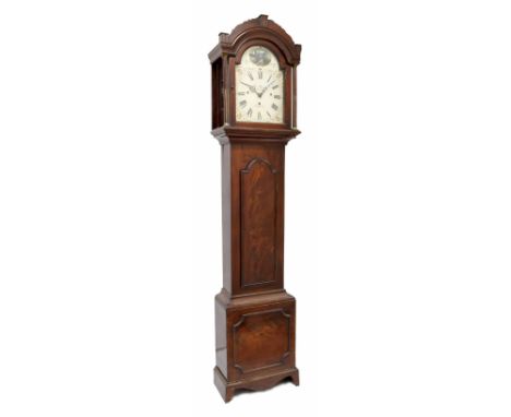 Mahogany three train longcase clock, the 12" painted arched dial signed John Blundell, Clerkenwell, the substantial movement 