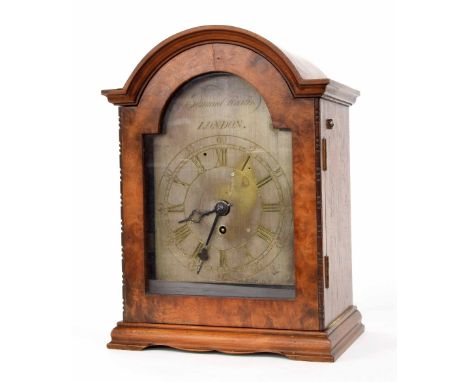 Small birds eye walnut bracket clock with earlier single fusee movement, the 5" silvered arch dial signed Edmund Martin, Lond