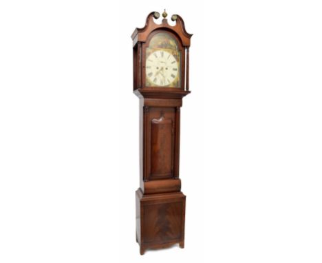 Scottish mahogany eight day longcase clock, the 13" painted arch dial signed Peter Penman, Dunfermlyn to the centre, with sub