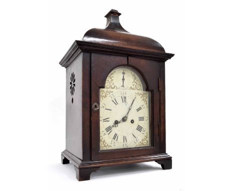 English oak double fusee bracket clock, the movement with foliate engraved back plate and striking on a gong, the 7" painted 