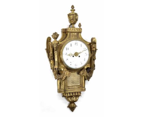 Good French ormolu cartel clock case fitted with a later electrical movement, the 7.5" white porcelain dial indistinctly insc