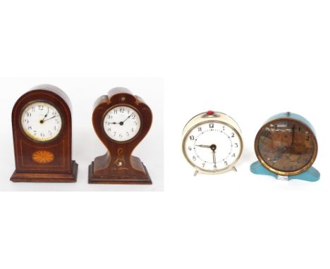 Two small mahogany inlaid eight day mantel clock timepieces, both approx 8.25" high; also two alarm clocks (4)