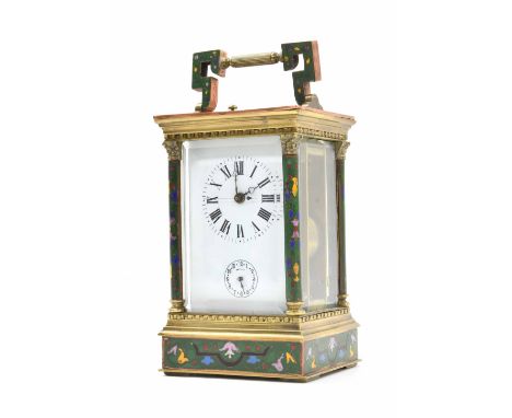 Reproduction Chinese repeater carriage clock with alarm, the movement striking on a bell, within a pillared cloisonne stepped