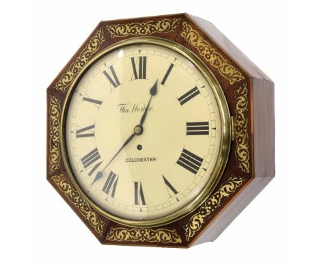 Rosewood singe fusee 12" convex dial wall clock signed Thomas Hedge, Colchester,  within a flat octagonal surround inlaid wit