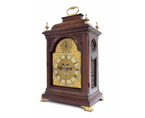 English mahogany double fusee bracket clock, the 7" brass arched dial signed Theops Holdred, London on a shaped plaque to the