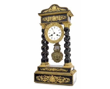 French ebonised and gilt metal mounted two train portico mantel clock striking on a bell, 20.5" high (pendulum)