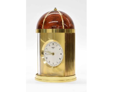 Swiza quartz alarm clock, with sliding doors and of cylindrical domed form, 5.5" high