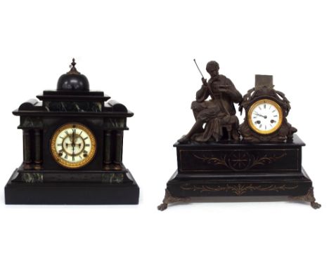 French black slate and spelter figural two train mantel clock striking on a bell, 16.5" high overall; also another black slat