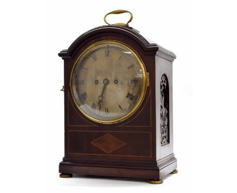 Mahogany double fusee pad top bracket clock striking on a gong, the 7" convex silvered dial within a rounded arched case inla