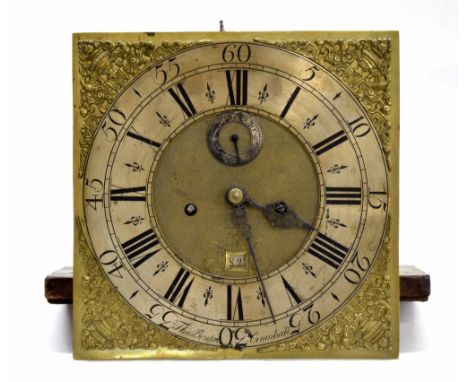 Eight day longcase clock movement, the 12" square brass dial signed Thomas Bruton, Crumhall on the silvered chapter ring encl