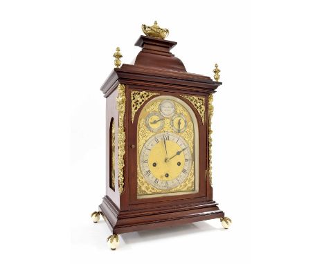 Large Spanish mahogany three train boardroom mantel clock, the 8.5" brass arched dial signed Pena y Lobrino, Madrid on a silv