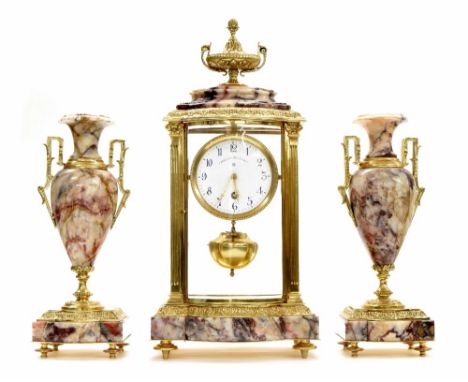 French 'Pendule 400 Jours' mantel clock garniture, the 4.5" white dial and the movement back plate inscribed 'Pendule 400 Jou