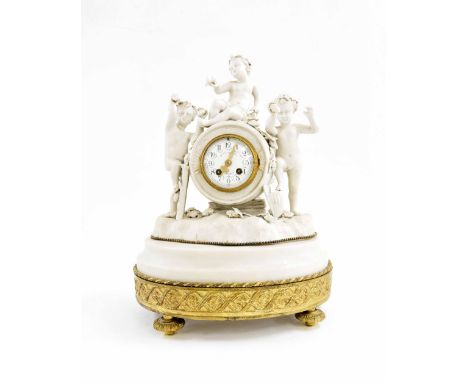 Unusual French biscuit porcelain and white marble two train figural mantel clock striking on a bell, the 3" white dial signed