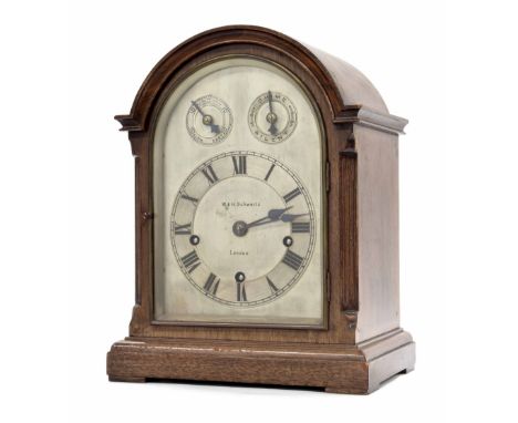 Oak three train bracket clock, the 6.75" silvered arched dial signed W &amp; H Schwartz, London, with subsidiary slow/fast an