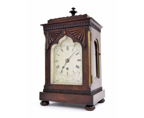 Good English small mahogany single fusee library clock, the shaped movement back plate with locking pendulum, with silvered f