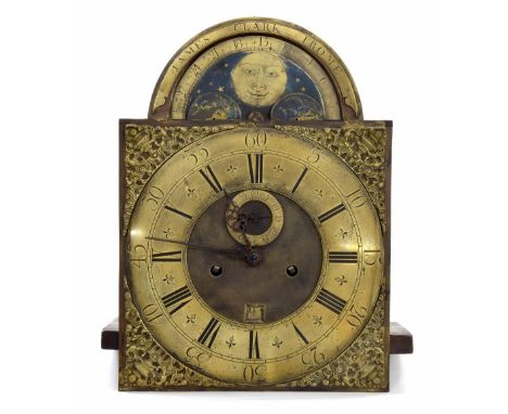 Eight day longcase clock movement, the 12" brass arched dial signed James Clark Frome to the arch over a moon face and brass 