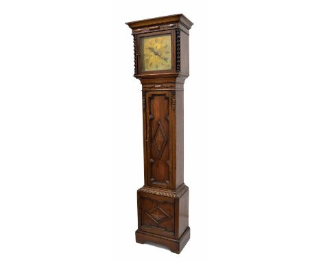 Good English oak eight day weight driven small longcase clock, early 20th century,  the 10" square brass dial signed Maple, L