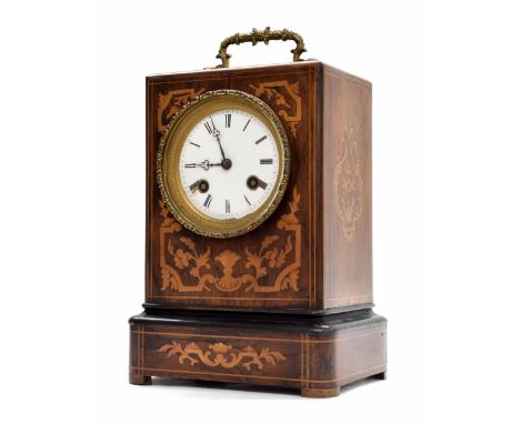 French rosewood inlaid two train mantel clock, the movement back plate signed Denard á Paris, with outside countwheel and str