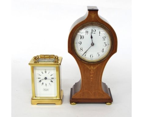 Mahogany inlaid foliate shaped mantel clock timepiece with platform escapement, 9.5" high; also a contemporary carriage clock