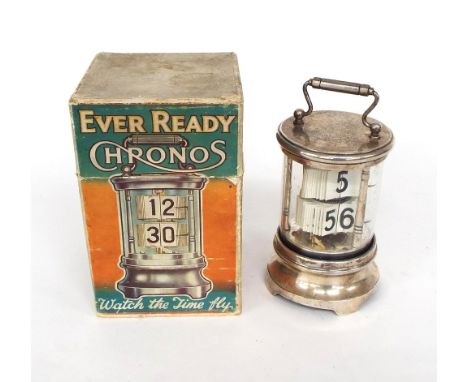 Ever Ready Chronos 'The New Time Recorder' cylindrical ticket clock, within a glazed silver plated case with carrying handle,