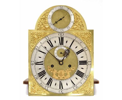 Good eight day longcase clock movement with five latched pillars, the 12" brass arched dial signed Daniel Delander, London on