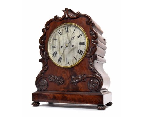 Mahogany double fusee bracket clock striking on a bell, the 8" silvered dial within a foliate carved scrolling case, 19" high