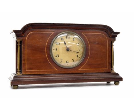 Mahogany mantel clock timepiece inlaid with boxwood lines, 6.5" high