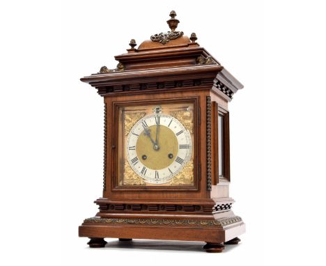 German walnut ting-tang mantel clock striking on two gongs, the 6" square brass dial with silvered chapter ring enclosing a m
