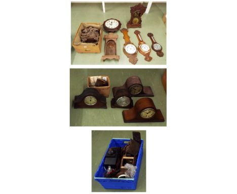 Large quantity of various mantel clocks, wall clocks and cases in need of restoration; also three wheel barometers in need of