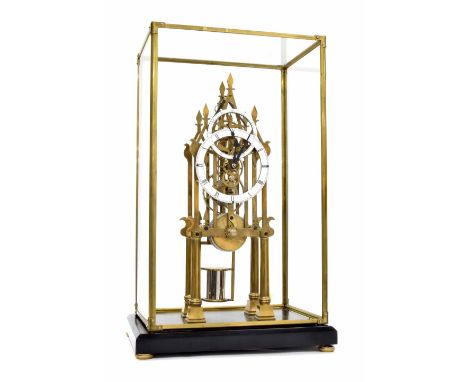 Contemporary brass Gothic single fusee skeleton clock, the principal 5.25" enamel chapter ring showing the hours and minutes 
