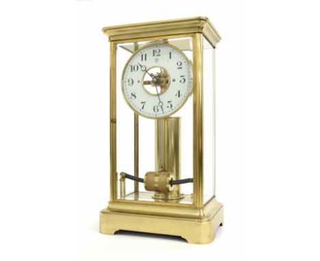 Early Bulle brass four glass electric mantel clock, the 5.25" cream chapter ring bearing the MFB maker's trademark logo and e