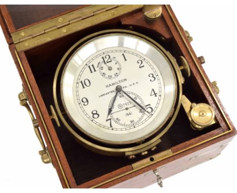 Two day marine ship's chronometer, the 3.75" silvered dial signed Hamilton, Lancaster, PA., U.S.A., N7925, 1941, within a bra