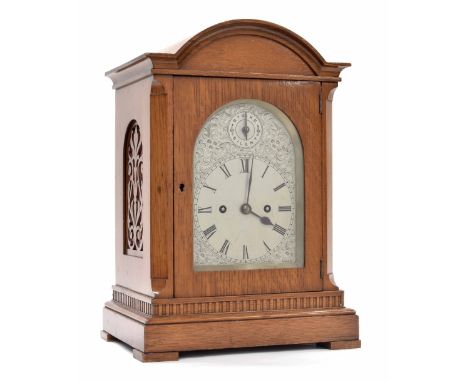 German light oak double fusee small bracket clock striking on a gong, the 4.5" foliate engraved dial with strike/silent subsi
