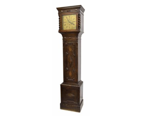 Good English oak eight day weight driven three train small longcase clock, early 20th century, the 10" square brass dial sign