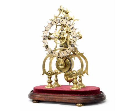 Brass single fusee skeleton clock, the 5.75" silvered chapter ring and movement supported  upon curved supports and circular 
