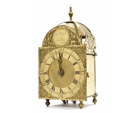 English brass lantern clock with original verge escapement, signed John Willats, London on a circular plaque to the arch over