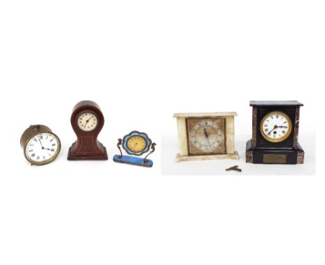 French black slate and grey marble mantel clock timepiece, 8.25" high; also an onyx cased Smiths eight day floating balance m