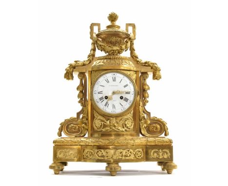 Impressive French two train ormolu mantel clock striking on a bell, the 4.75" white dial signed F. Barbedienne á Paris, withi