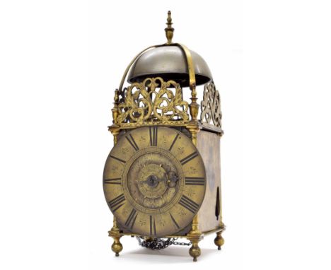 Good English brass hook and spike lantern clock with original verge escapement, signed Luke Wise, Reading to the foliate engr