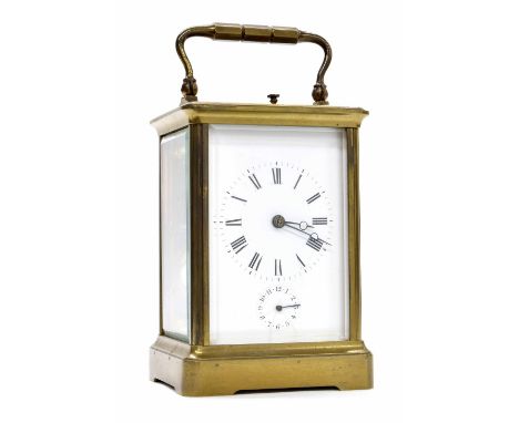 Repeater alarm carriage clock striking on two gongs, within a corniche brass case, 6.75" high