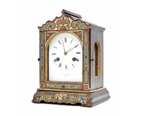 French boulle style two train mantel clock, the white enamel and movement back plate signed F.L. Hausburg á Paris, with outsi