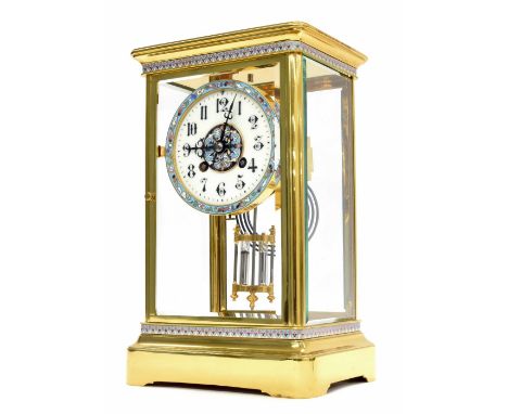 French brass and cloisonne four glass two train mantel clock, the Japy Freres movement striking on a gong, the 3.75" white ch
