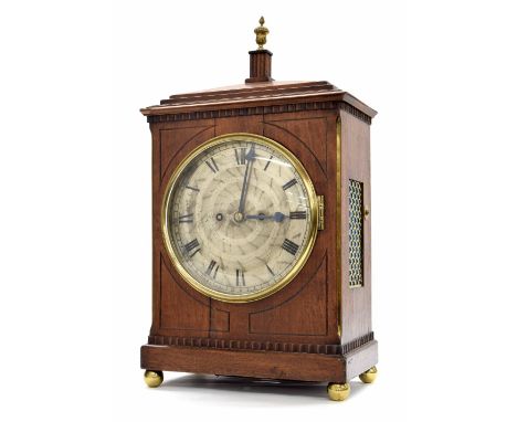 Mahogany double fusee bracket clock striking on a bell, the 8" silvered dial within a stepped case surmounted by a caddy top 