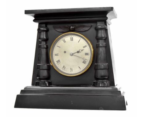 Good English black marble double fusee mantel clock in the Egyptian taste, the movement back plate signed James McCabe, Royal