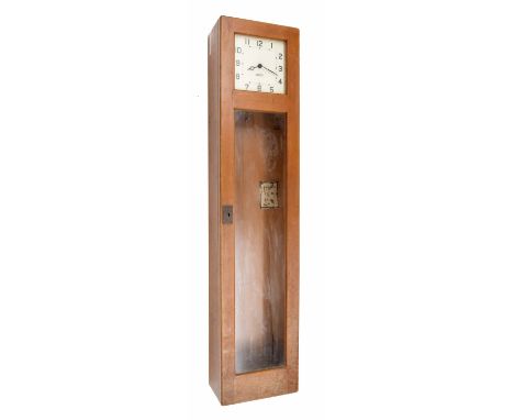 Gents master clock, the 7.5" square white dial within a light oak glazed case, 50.5" high (no pendulum or bob)