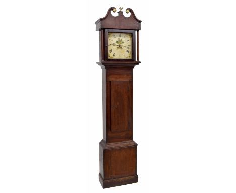 Oak thirty hour longcase clock, the 11" square painted dial signed Foster, Tiverton, the case with medium length door and the