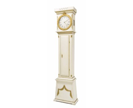 Swedish Mora eight day longcase clock, the 11.75" white painted dial within a white and gilt painted case with long door, the