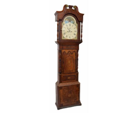 Oak and mahogany eight day longcase clock, the 14" painted arched dial signed W.R. Cornforth, Macclesfield, with subsidiary s