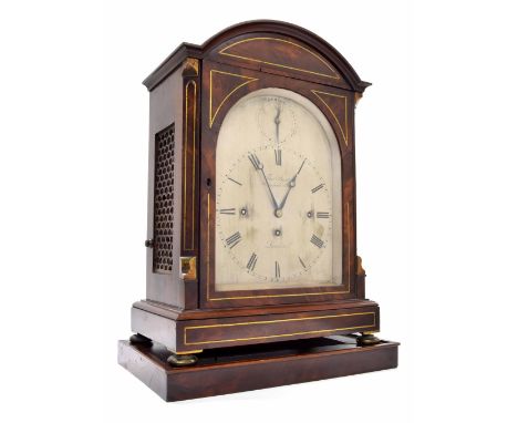 Good English flame mahogany triple fusee bracket clock, the 8" silvered arched dial signed Thomas Best, Wimpole Street, Londo