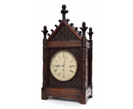 Gothic oak triple fusee large bracket clock, the 8" silvered dial signed Hunt &amp; Roskell, London, the substantial movement